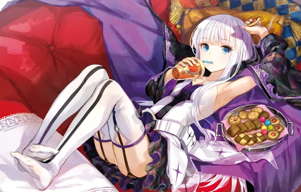Sofa, stockings, pillow, blanket, cookies, lies, drink, blue eyes