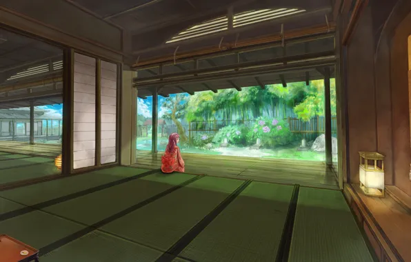 Picture girl, house, Asia, Board, garden, art, kimono, the room