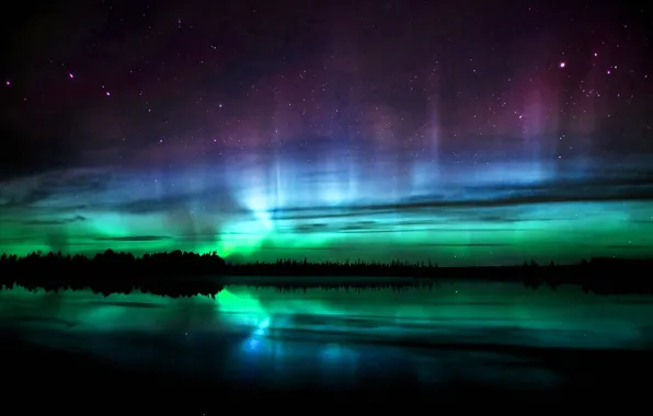 Picture the sky, stars, trees, lake, Northern lights