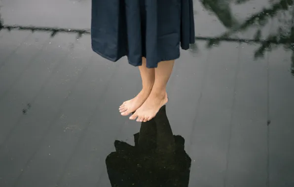 Girl, dress, water, raindrops, mirror, reflections, feet, deck