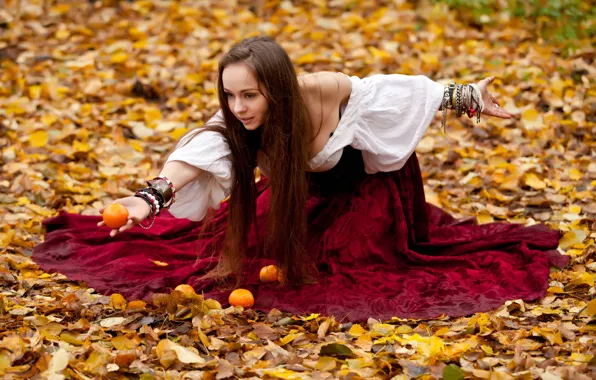 Autumn, girl, foliage, sitting, tangerines, dress, soenke