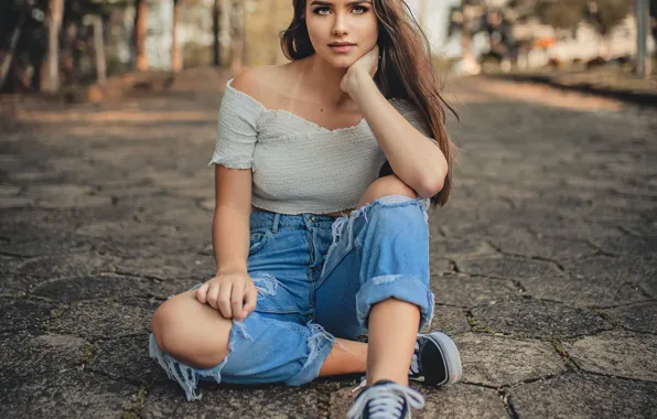 Picture girl, street, sneakers, jeans, blouse, brown hair, shoulder