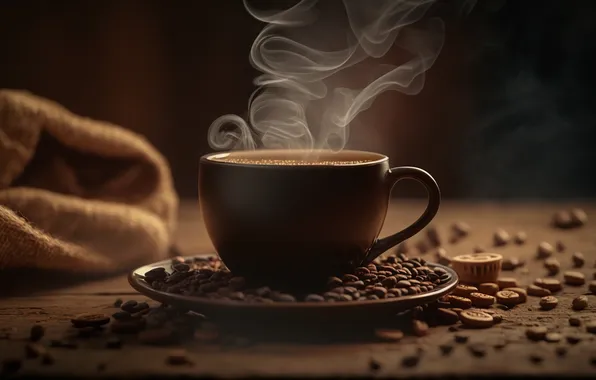 Picture fresh, wooden, coffee, table, steams