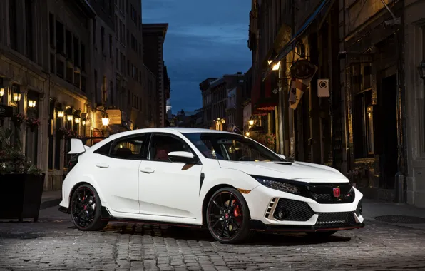 White, street, the evening, Honda, hatchback, the five-door, 2019, Civic Type R