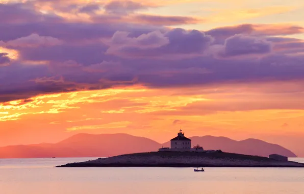 Twilight, sea, ocean, coast, sunset, mountains, clouds, island