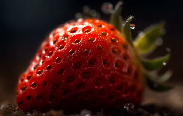 Drops, macro, berries, rendering, strawberry, berry, blur, digital art