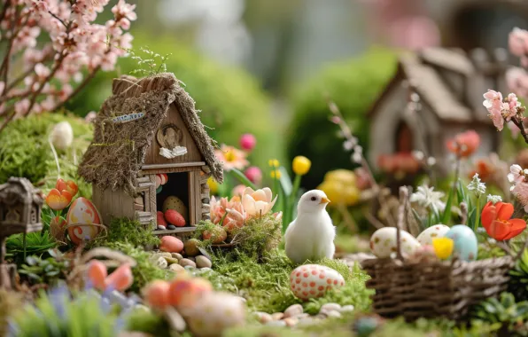 Holiday, bird, eggs, spring, garden, Easter, house, chicken