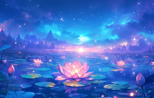 Flowers, night, lights, lights, Lotus, Lotus, pond, blue background