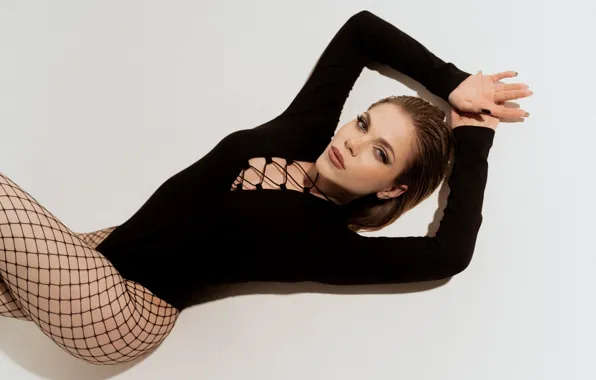Look, girl, pose, hands, figure, white background, tights, mesh