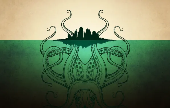 The city, island, monster, octopus, Cthulhu, tentacles