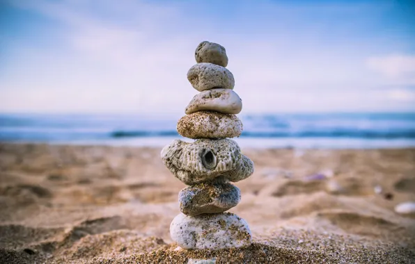 Sand, sea, beach, stones, pyramid