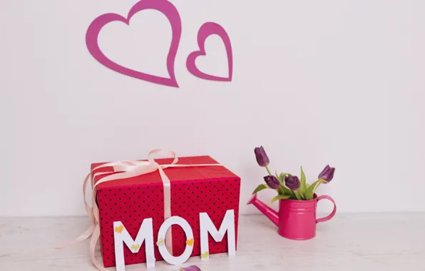 Gift, hearts, lake, Holiday, women's day, Tulip