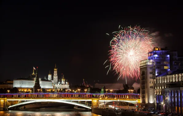 Night, bridge, river, salute, Moscow, The Kremlin, Russia