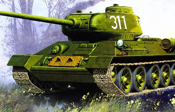 Picture tank, weapon, Russian T-34 Medium Tank, ww2, painting, war, art