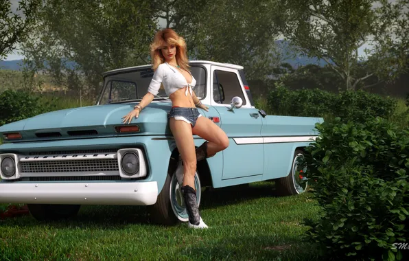 Trees, pose, woman, car, Texan Girl with her 65 Chevy C10