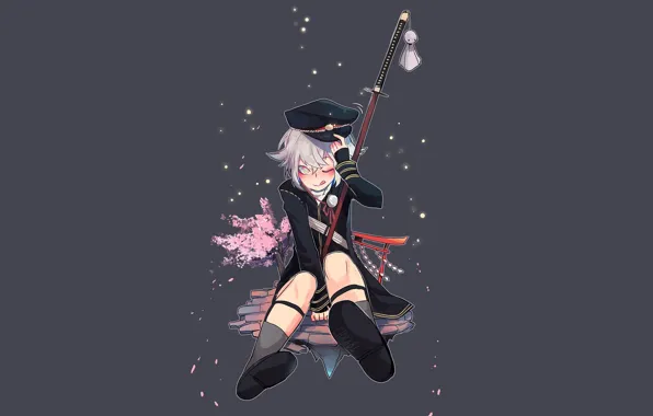 Language, sword, katana, boy, grey background, keychain, Touken Ranbu, Hotarumaru