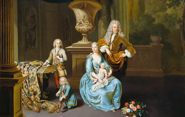 Picture oil, portrait, picture, canvas, Baron Diederik with his Wife and Three Sons, Willem van Mieris