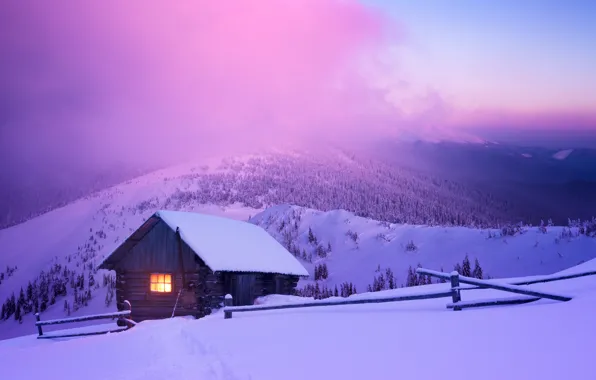 Winter, forest, snow, mountains, night, hut, village, house