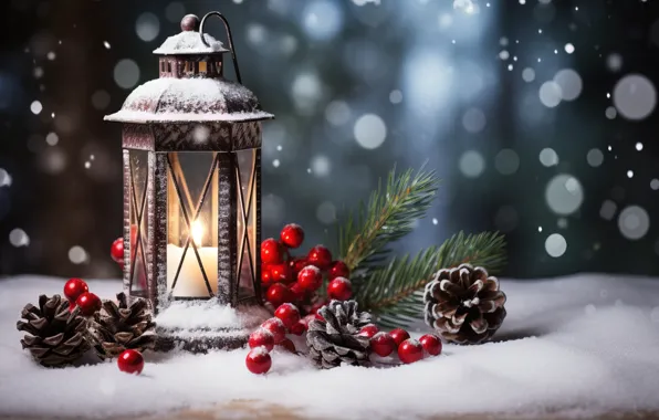 Picture winter, snow, decoration, night, New Year, Christmas, lantern, light