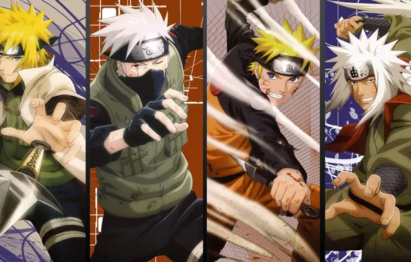 Anime, naruto, Minato, Kakashi, jiraya