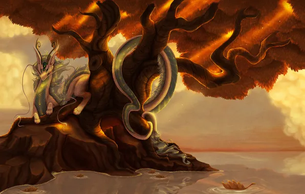Leaves, trees, lake, dragon, art