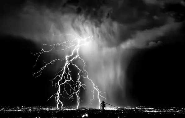 Picture the storm, the sky, night, the city, lights, darkness, lightning, dark