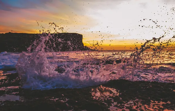 Picture sea, wave, the sky, sunset, squirt, rock, rock