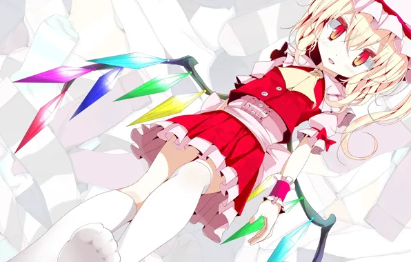 Wings, barefoot, crystals, knee, bows, red eyes, cap, vampire