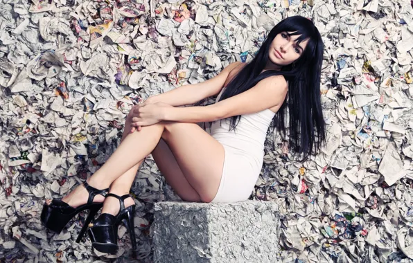 Picture girl, paper, background, garbage, brunette, newspaper, in white