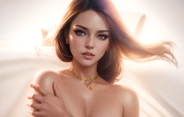 Chest, look, girl, light, hand, portrait, makeup, brown hair