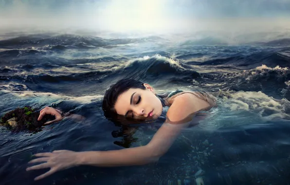 Sea, wave, water, girl, light, hands, makeup, brunette