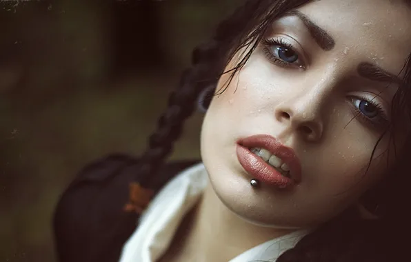 Picture eyes, girl, drops, piercing, brunette, lips, water drops