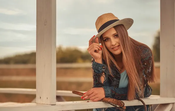 Look, girl, pose, hat, hands, long hair, whip, dzhinsovka