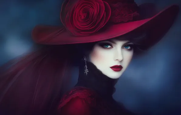 Flower, look, girl, the dark background, rose, portrait, hat, makeup