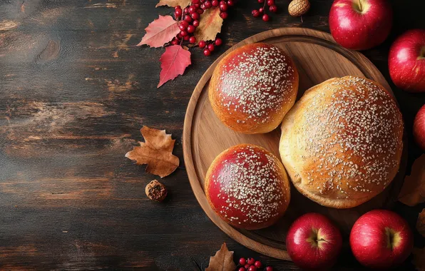 Autumn, leaves, berries, apples, Board, bread, red, bread