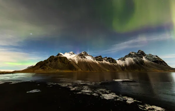 Ice, winter, sand, the sky, mountains, hills, tops, Northern lights
