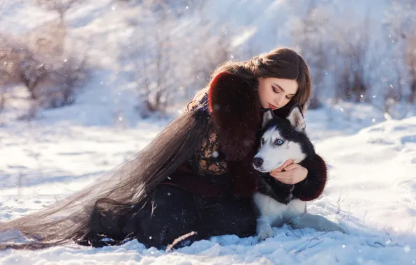 Winter, girl, snow, pose, dog, friends, husky, hugs
