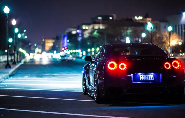 Picture night, lights, Nissan, back, nissan gt-r