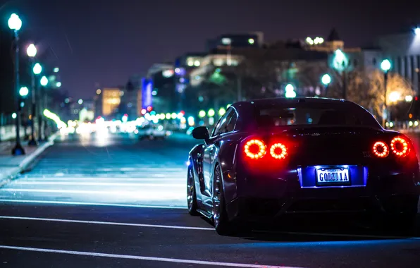 Night, lights, Nissan, back, nissan gt-r