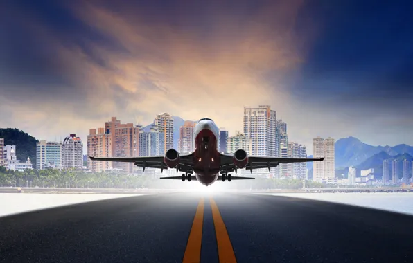 The sky, asphalt, mountains, the city, the plane, background, photoshop, runway