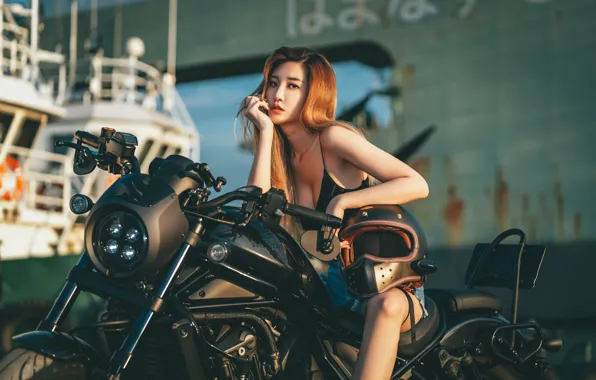 Look, girl, shorts, figure, motorcycle, helmet, red