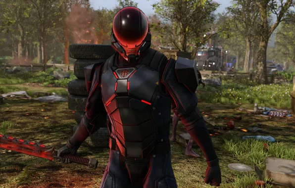 Logo, game, soldier, weapon, man, blade, suit, vegetation