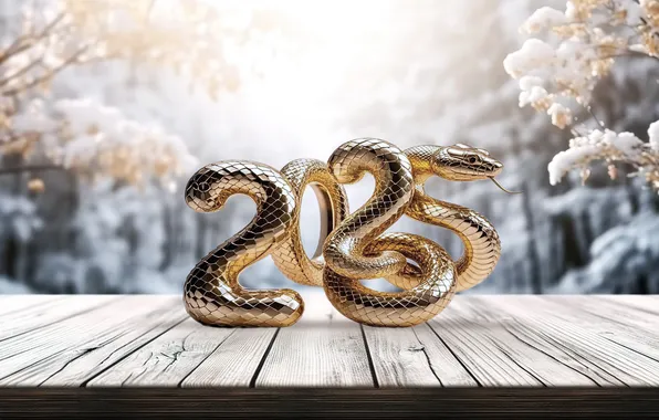 Winter, snow, gold, snake, figures, New year, golden, new year