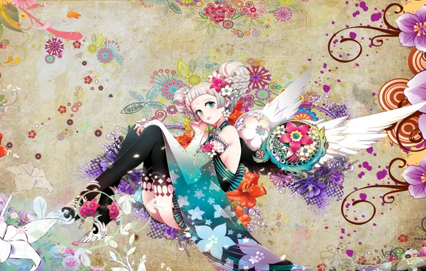 Picture girl, flowers, patterns, wings, outfit