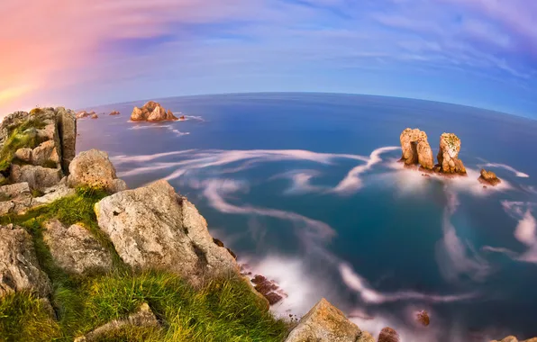Sea, the sky, grass, clouds, the ocean, rocks