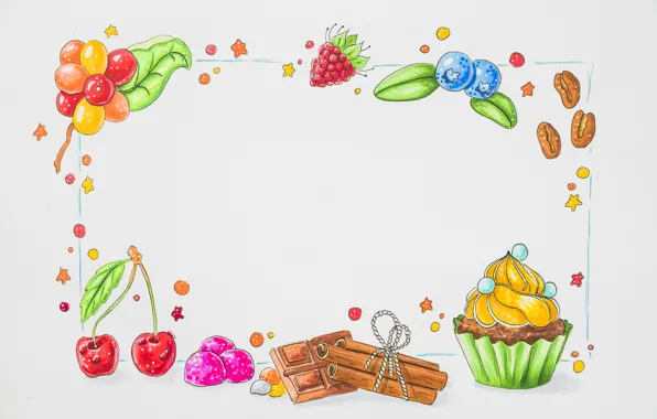 White, berries, background, frame, fruit, dessert, background, Chocolate