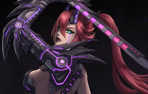 Girl, fiction, sword, art, horns, cyborg, cyberpunk, cyborg demon