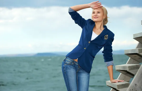 Sea, look, girl, jeans, ladder, jacket, Talia Cherry