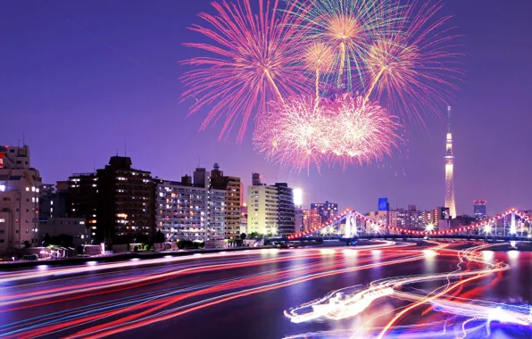 The city, salute, Tokyo, fireworks, Sumida River