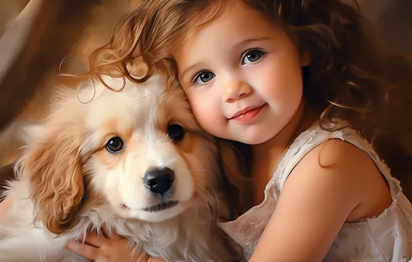 Look, pose, child, hand, portrait, dog, girl, puppy